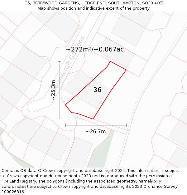 36, BERRYWOOD GARDENS, HEDGE END, SOUTHAMPTON, SO30 4QZ: Plot and title map