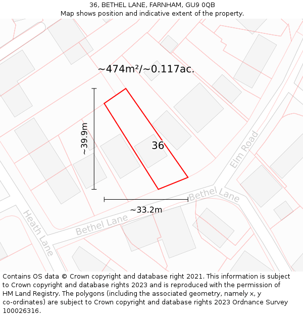 36, BETHEL LANE, FARNHAM, GU9 0QB: Plot and title map