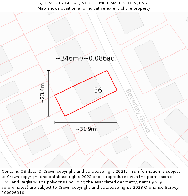 36, BEVERLEY GROVE, NORTH HYKEHAM, LINCOLN, LN6 8JJ: Plot and title map