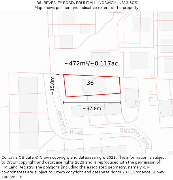 36, BEVERLEY ROAD, BRUNDALL, NORWICH, NR13 5QS: Plot and title map