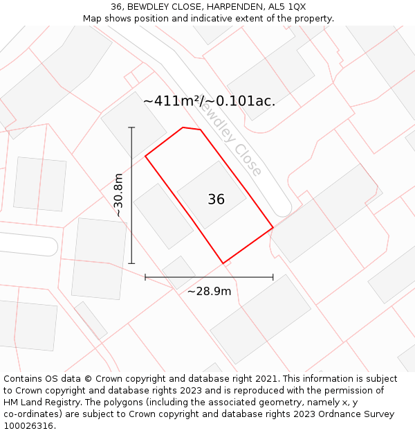 36, BEWDLEY CLOSE, HARPENDEN, AL5 1QX: Plot and title map