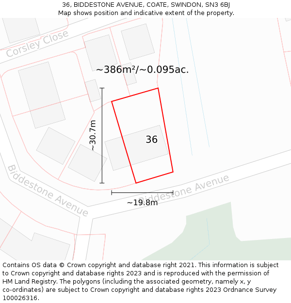 36, BIDDESTONE AVENUE, COATE, SWINDON, SN3 6BJ: Plot and title map