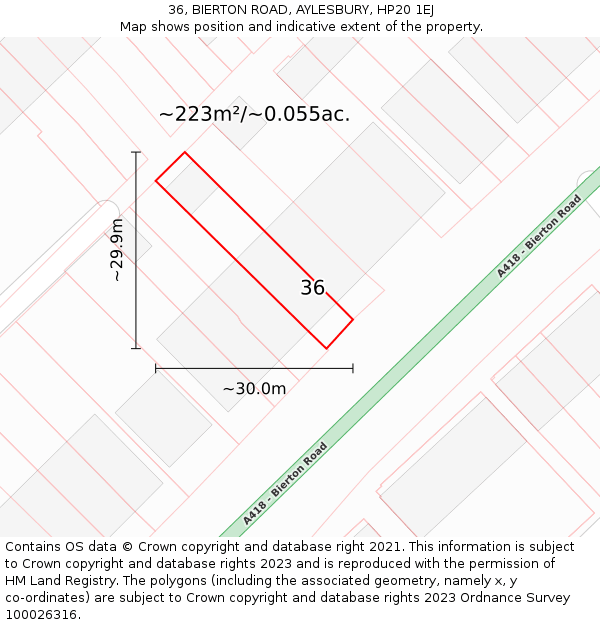 36, BIERTON ROAD, AYLESBURY, HP20 1EJ: Plot and title map