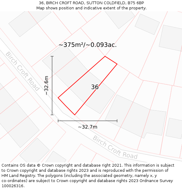 36, BIRCH CROFT ROAD, SUTTON COLDFIELD, B75 6BP: Plot and title map