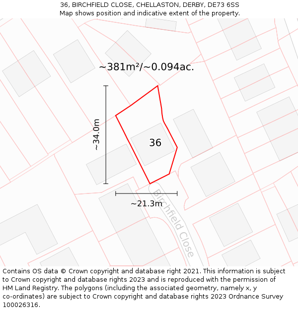 36, BIRCHFIELD CLOSE, CHELLASTON, DERBY, DE73 6SS: Plot and title map