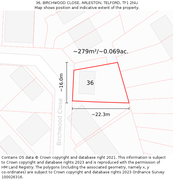 36, BIRCHWOOD CLOSE, ARLESTON, TELFORD, TF1 2NU: Plot and title map