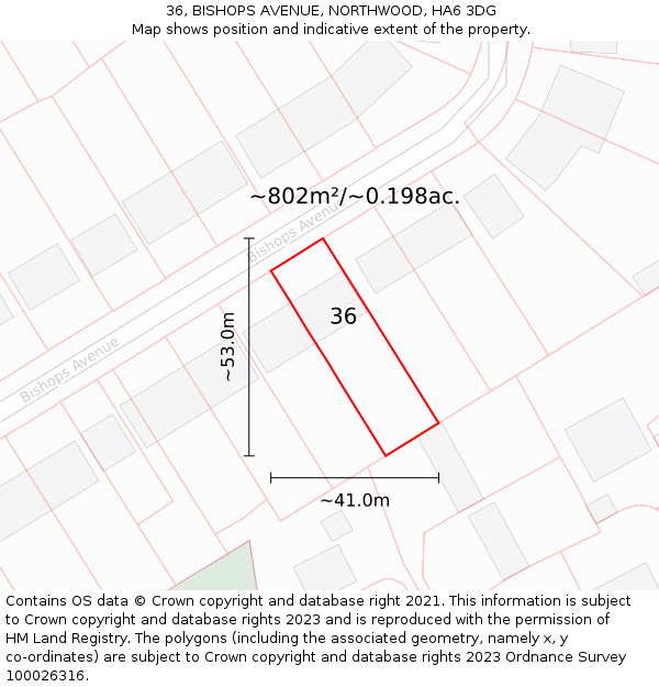36, BISHOPS AVENUE, NORTHWOOD, HA6 3DG: Plot and title map