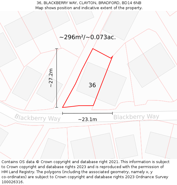 36, BLACKBERRY WAY, CLAYTON, BRADFORD, BD14 6NB: Plot and title map