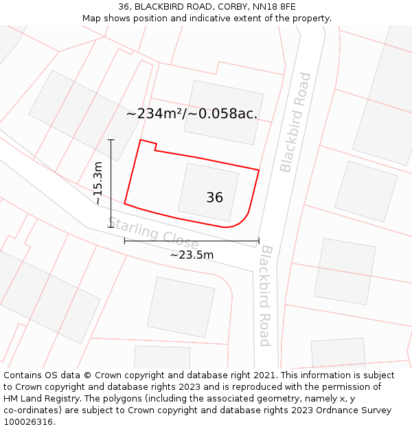 36, BLACKBIRD ROAD, CORBY, NN18 8FE: Plot and title map