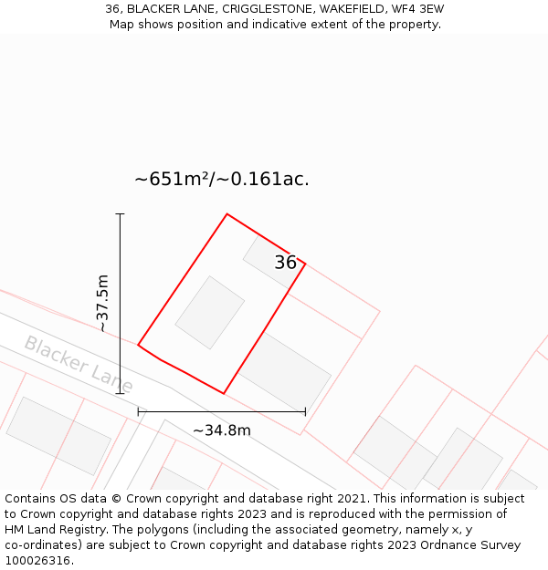 36, BLACKER LANE, CRIGGLESTONE, WAKEFIELD, WF4 3EW: Plot and title map