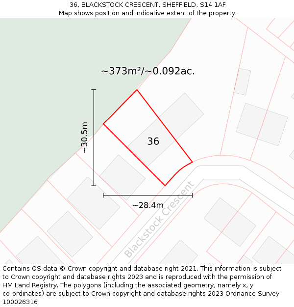 36, BLACKSTOCK CRESCENT, SHEFFIELD, S14 1AF: Plot and title map