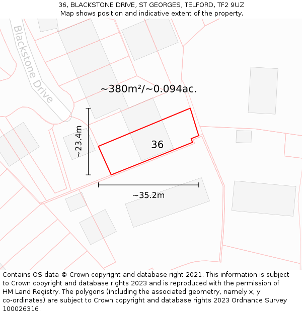 36, BLACKSTONE DRIVE, ST GEORGES, TELFORD, TF2 9UZ: Plot and title map