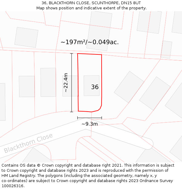 36, BLACKTHORN CLOSE, SCUNTHORPE, DN15 8UT: Plot and title map