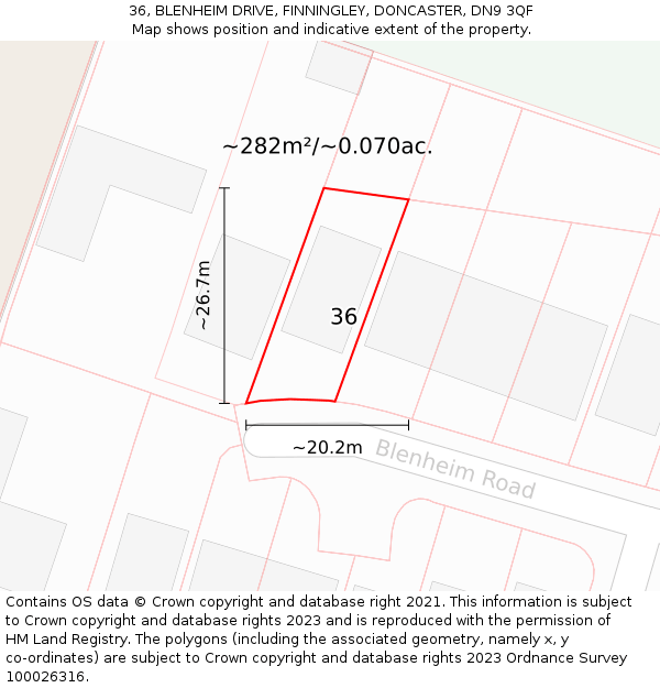 36, BLENHEIM DRIVE, FINNINGLEY, DONCASTER, DN9 3QF: Plot and title map