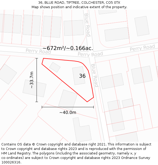 36, BLUE ROAD, TIPTREE, COLCHESTER, CO5 0TX: Plot and title map
