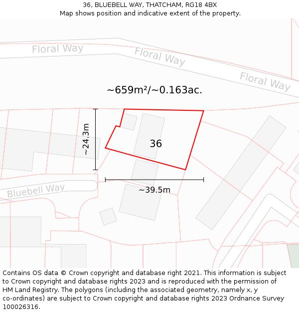 36, BLUEBELL WAY, THATCHAM, RG18 4BX: Plot and title map