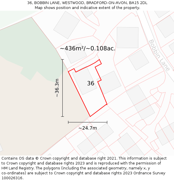 36, BOBBIN LANE, WESTWOOD, BRADFORD-ON-AVON, BA15 2DL: Plot and title map