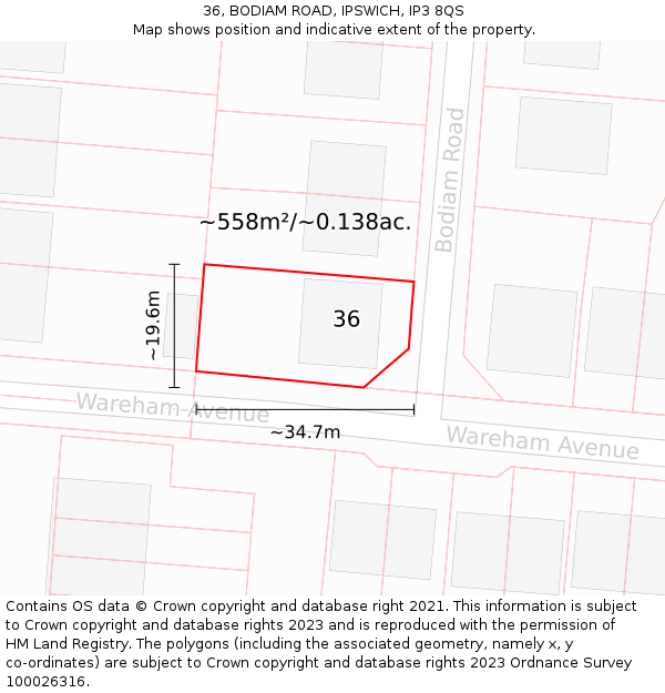 36, BODIAM ROAD, IPSWICH, IP3 8QS: Plot and title map