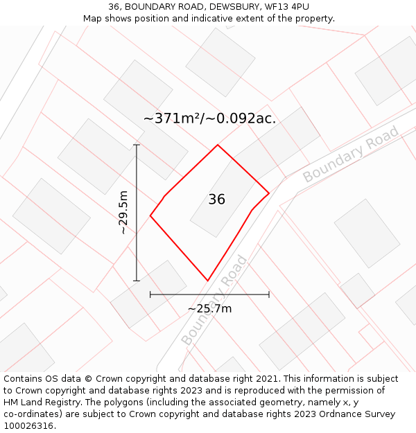 36, BOUNDARY ROAD, DEWSBURY, WF13 4PU: Plot and title map