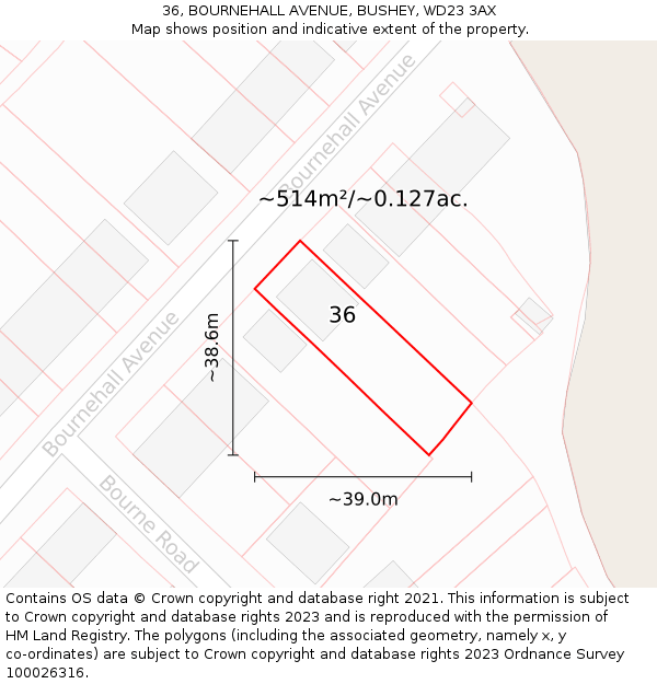 36, BOURNEHALL AVENUE, BUSHEY, WD23 3AX: Plot and title map