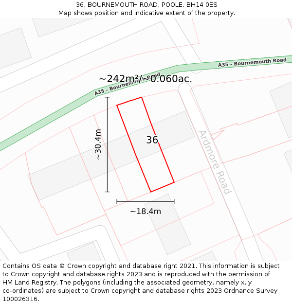 36, BOURNEMOUTH ROAD, POOLE, BH14 0ES: Plot and title map