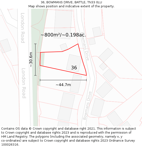 36, BOWMANS DRIVE, BATTLE, TN33 0LU: Plot and title map