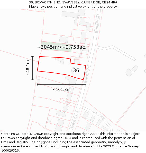 36, BOXWORTH END, SWAVESEY, CAMBRIDGE, CB24 4RA: Plot and title map