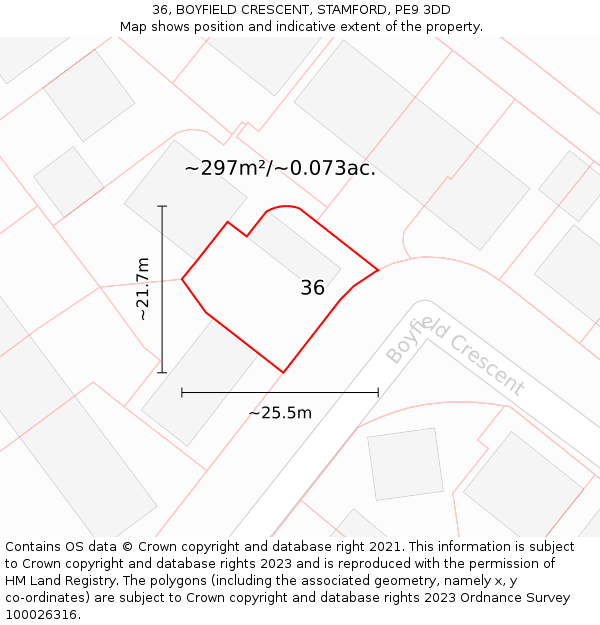 36, BOYFIELD CRESCENT, STAMFORD, PE9 3DD: Plot and title map