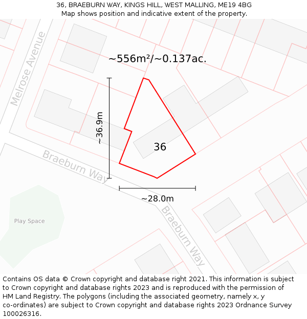36, BRAEBURN WAY, KINGS HILL, WEST MALLING, ME19 4BG: Plot and title map