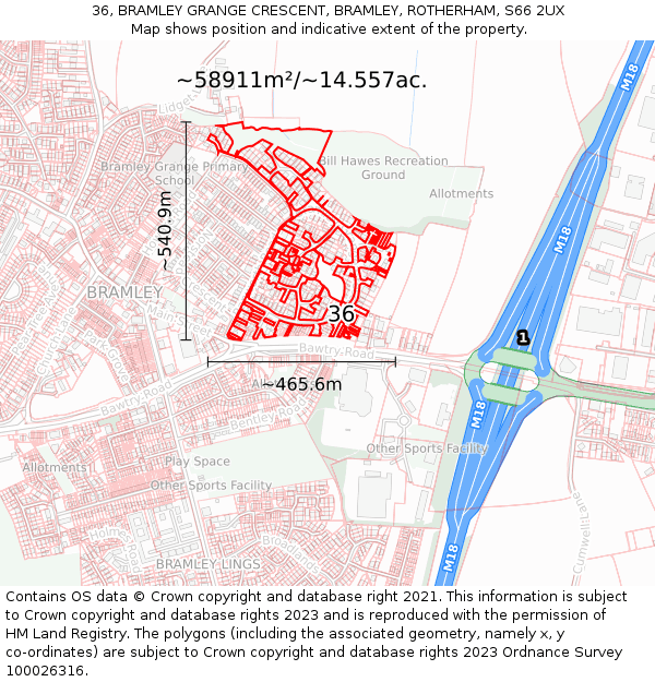 36, BRAMLEY GRANGE CRESCENT, BRAMLEY, ROTHERHAM, S66 2UX: Plot and title map