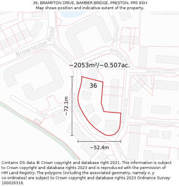 36, BRAMPTON DRIVE, BAMBER BRIDGE, PRESTON, PR5 6SH: Plot and title map