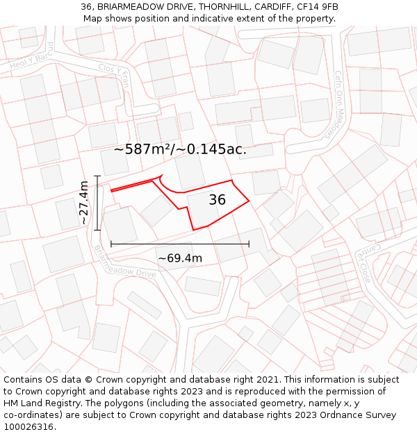 36, BRIARMEADOW DRIVE, THORNHILL, CARDIFF, CF14 9FB: Plot and title map