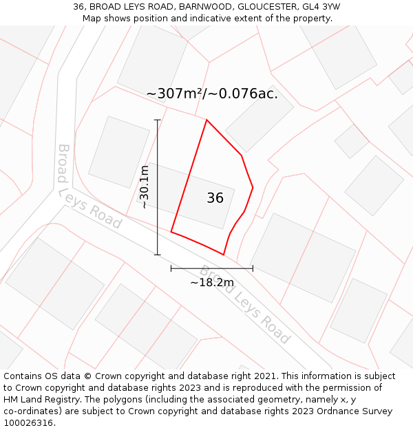 36, BROAD LEYS ROAD, BARNWOOD, GLOUCESTER, GL4 3YW: Plot and title map