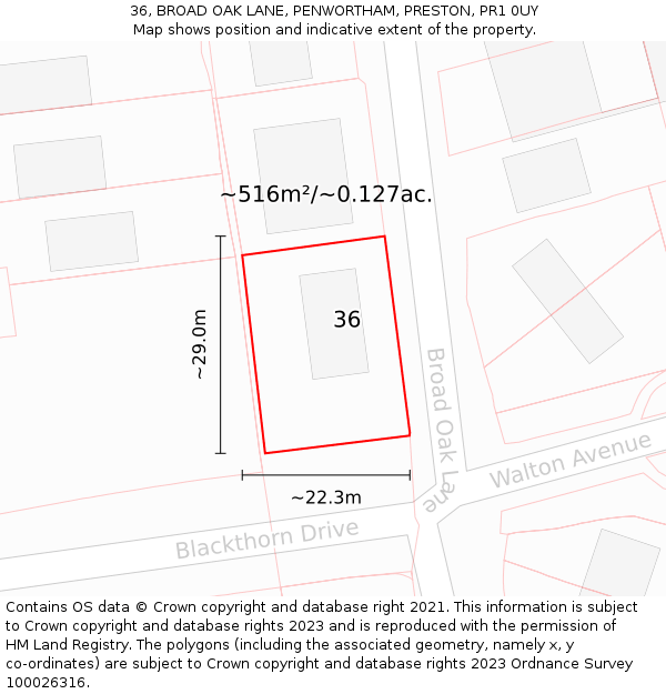 36, BROAD OAK LANE, PENWORTHAM, PRESTON, PR1 0UY: Plot and title map