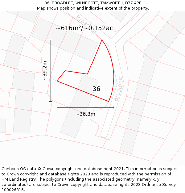 36, BROADLEE, WILNECOTE, TAMWORTH, B77 4PF: Plot and title map