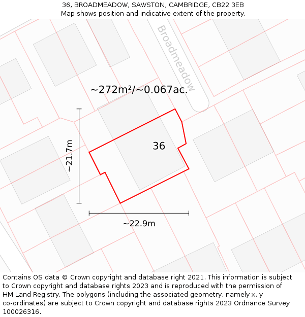 36, BROADMEADOW, SAWSTON, CAMBRIDGE, CB22 3EB: Plot and title map