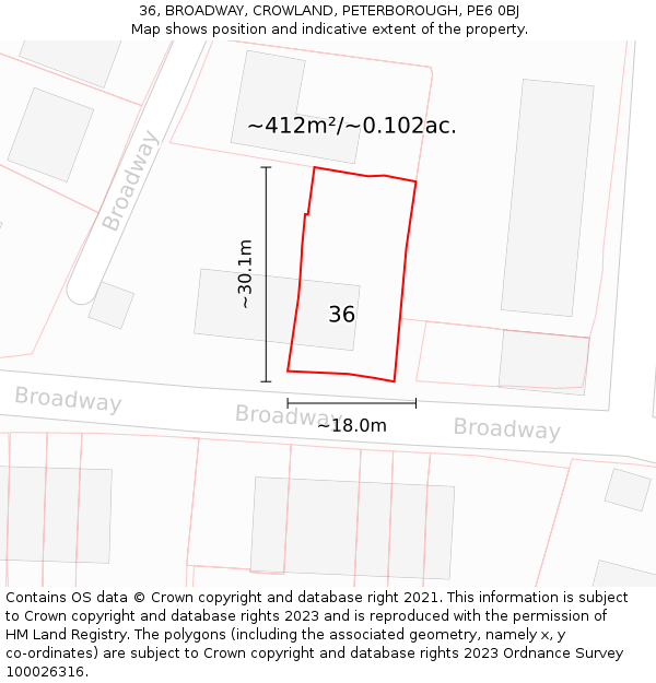 36, BROADWAY, CROWLAND, PETERBOROUGH, PE6 0BJ: Plot and title map