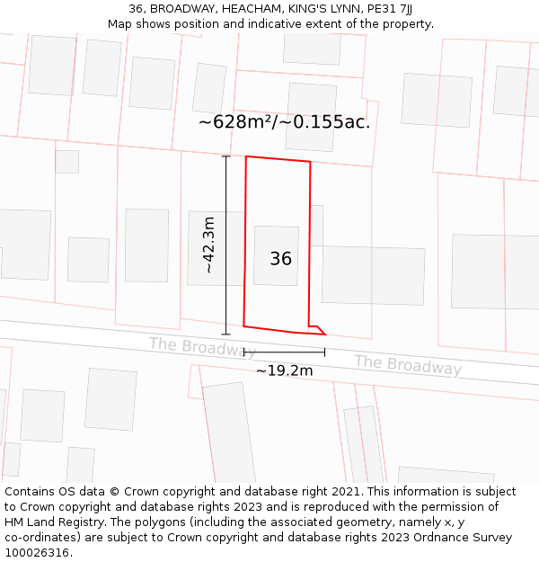 36, BROADWAY, HEACHAM, KING'S LYNN, PE31 7JJ: Plot and title map