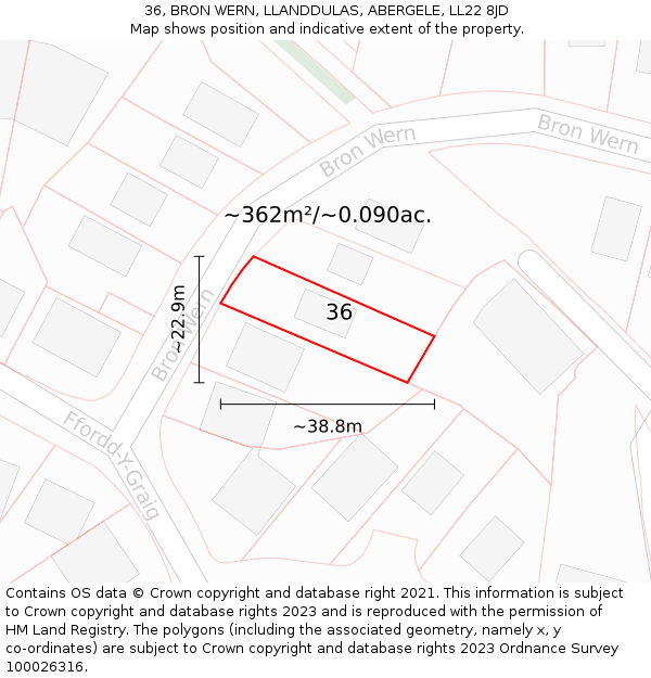 36, BRON WERN, LLANDDULAS, ABERGELE, LL22 8JD: Plot and title map