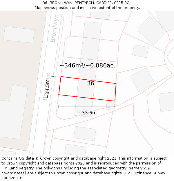 36, BRONLLWYN, PENTYRCH, CARDIFF, CF15 9QL: Plot and title map