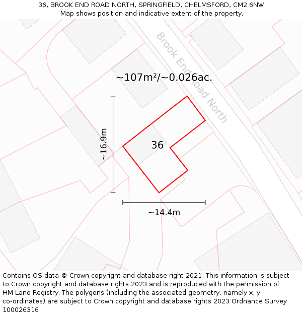 36, BROOK END ROAD NORTH, SPRINGFIELD, CHELMSFORD, CM2 6NW: Plot and title map