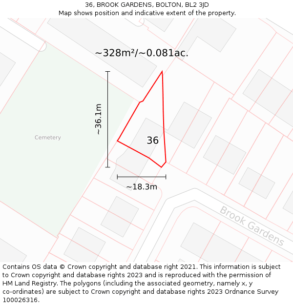 36, BROOK GARDENS, BOLTON, BL2 3JD: Plot and title map