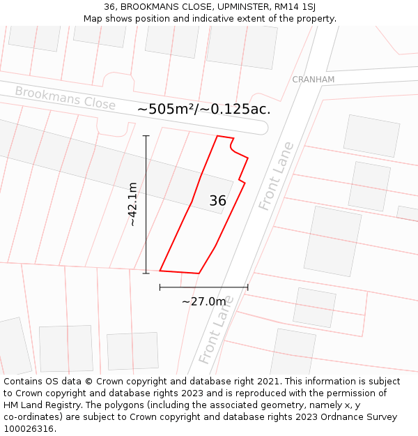 36, BROOKMANS CLOSE, UPMINSTER, RM14 1SJ: Plot and title map