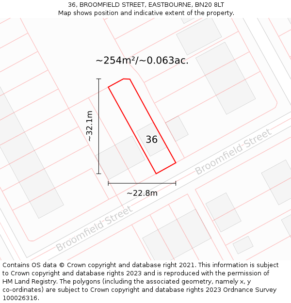 36, BROOMFIELD STREET, EASTBOURNE, BN20 8LT: Plot and title map