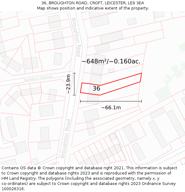 36, BROUGHTON ROAD, CROFT, LEICESTER, LE9 3EA: Plot and title map