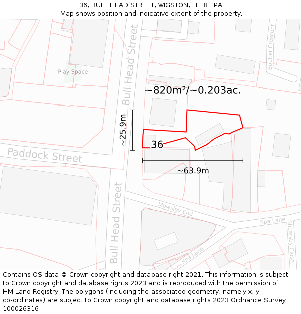 36, BULL HEAD STREET, WIGSTON, LE18 1PA: Plot and title map