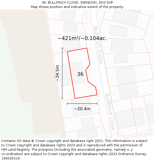 36, BULLFINCH CLOSE, SWINDON, SN3 5HP: Plot and title map