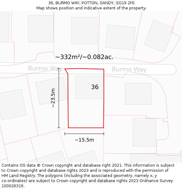 36, BURMO WAY, POTTON, SANDY, SG19 2FE: Plot and title map