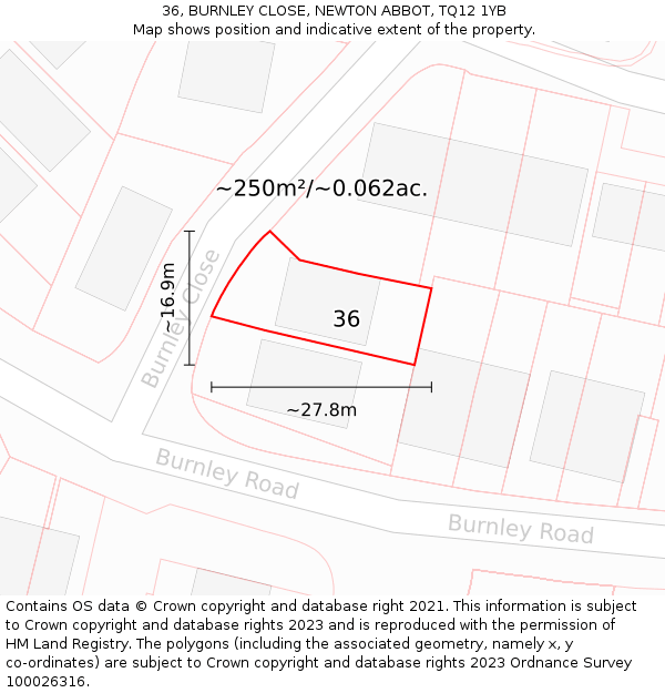 36, BURNLEY CLOSE, NEWTON ABBOT, TQ12 1YB: Plot and title map