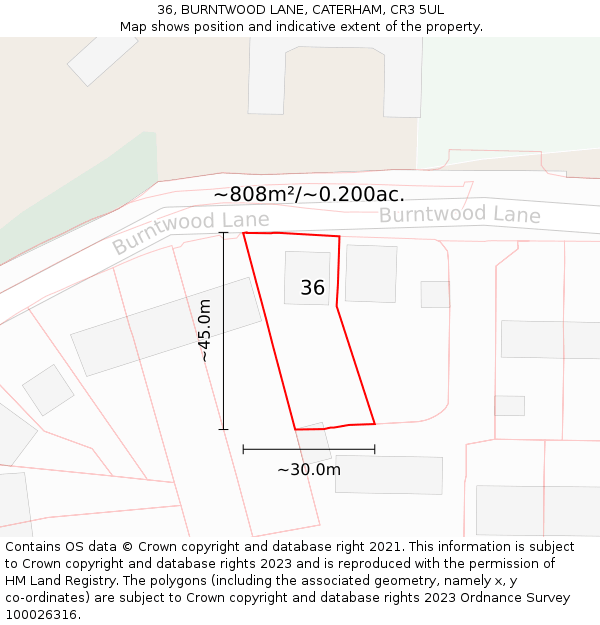 36, BURNTWOOD LANE, CATERHAM, CR3 5UL: Plot and title map
